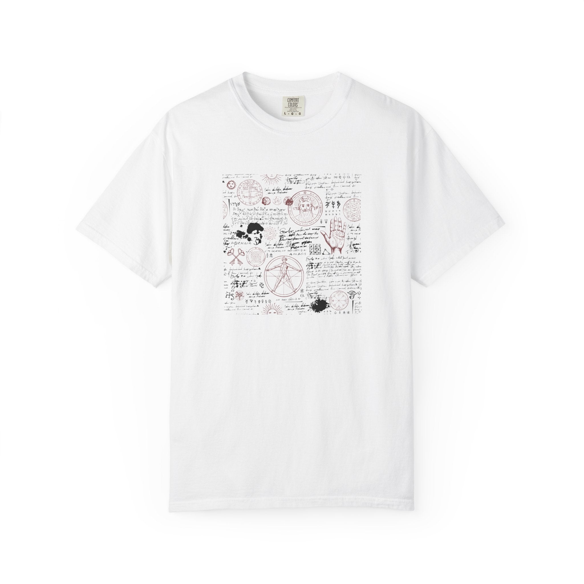 A white short-sleeve crewneck t-shirt featuring a central graphic print with black and red occult-style symbols, diagrams, and handwritten text.
