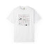 A white short-sleeve crewneck t-shirt featuring a central graphic print with black and red occult-style symbols, diagrams, and handwritten text.