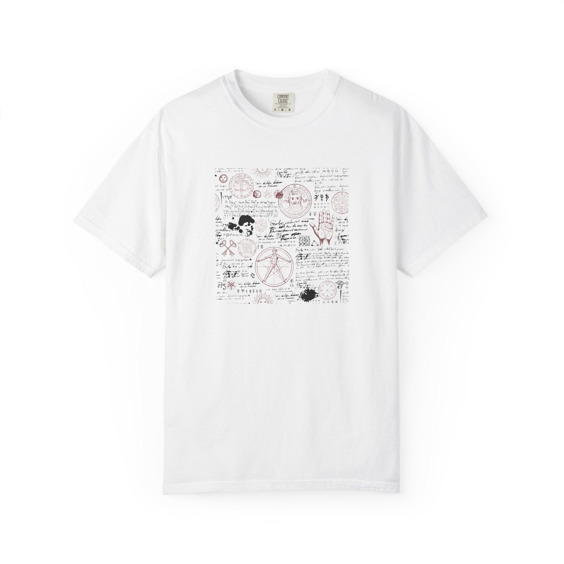 A white short-sleeve crewneck t-shirt featuring a central graphic print with black and red occult-style symbols, diagrams, and handwritten text.
