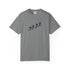 A gray short-sleeve crewneck t-shirt featuring a dark blue line art graphic of a deer riding a bicycle through a pine forest, with the text 'HOT SEASON NEVER ENDS' printed below.