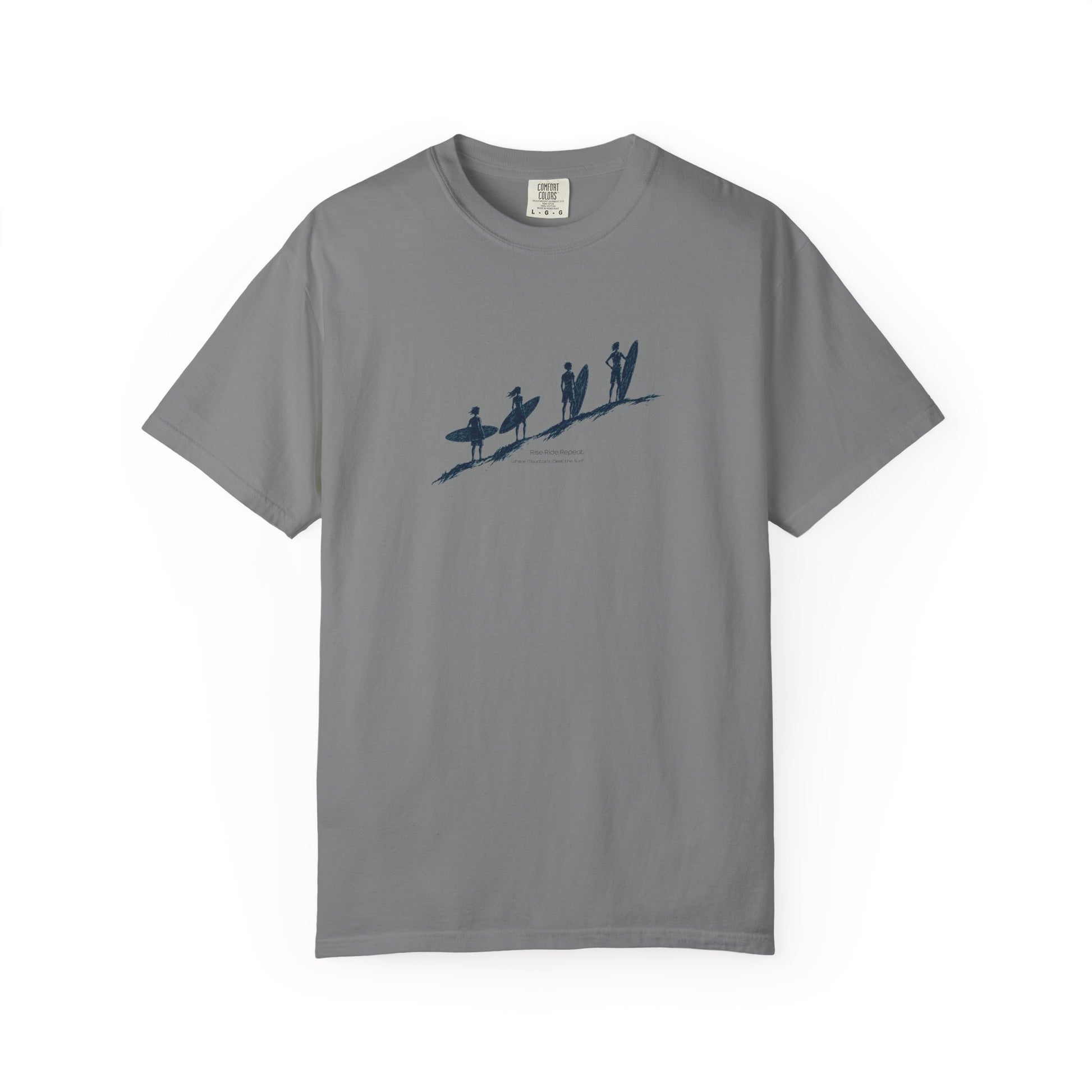 A gray short-sleeve crewneck t-shirt featuring a dark blue line art graphic of a deer riding a bicycle through a pine forest, with the text 'HOT SEASON NEVER ENDS' printed below.