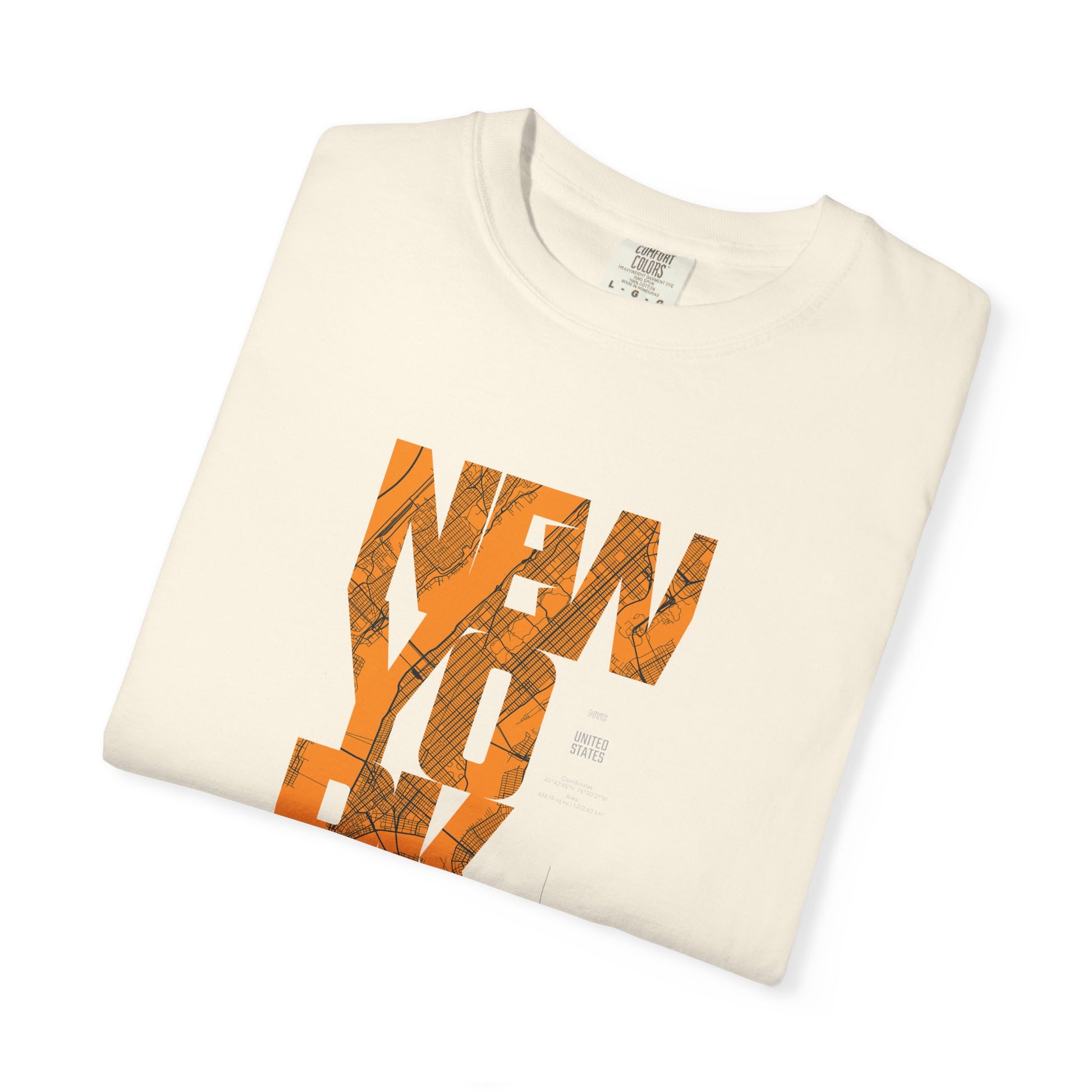 New York Typography Tee — Orange Marble Graphic T-Shirt