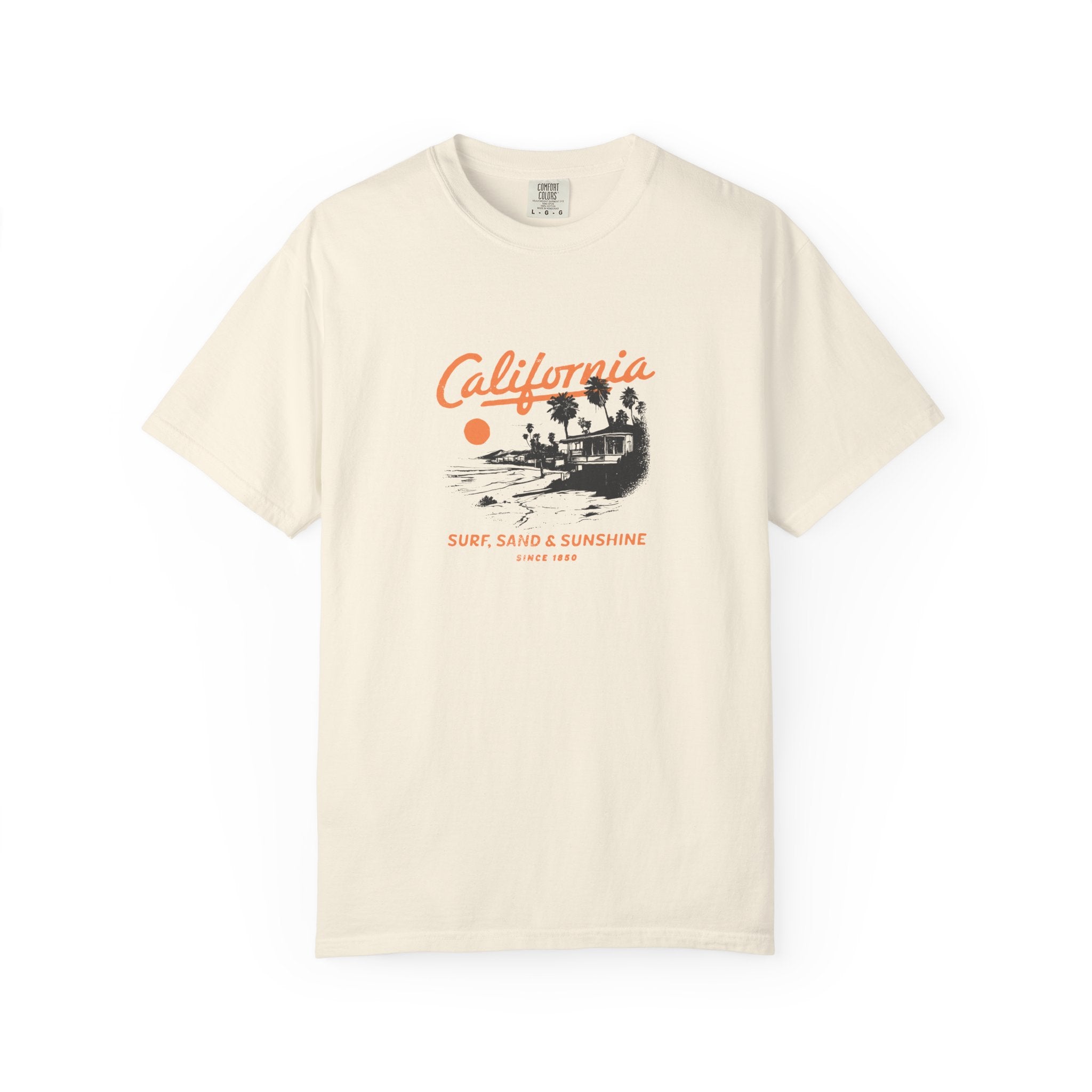 California Surfboard Graphic T-Shirt — 'California: Surf, Sand & Sunshine' Vintage Beach Tee