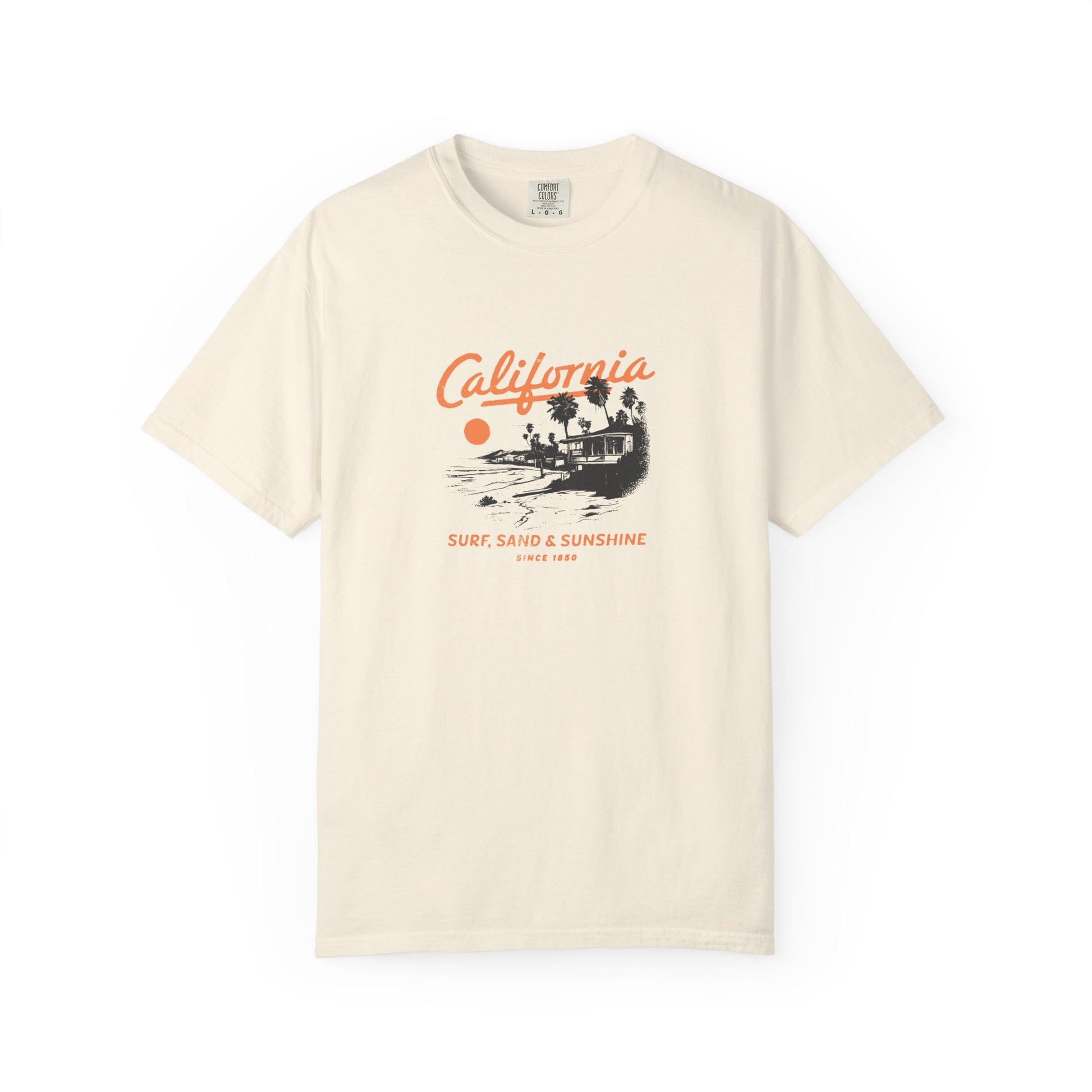 California Surfboard Graphic T-Shirt — 'California: Surf, Sand & Sunshine' Vintage Beach Tee