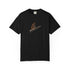 Minimalist surfboard fin and wave line graphic t-shirt on black shirt