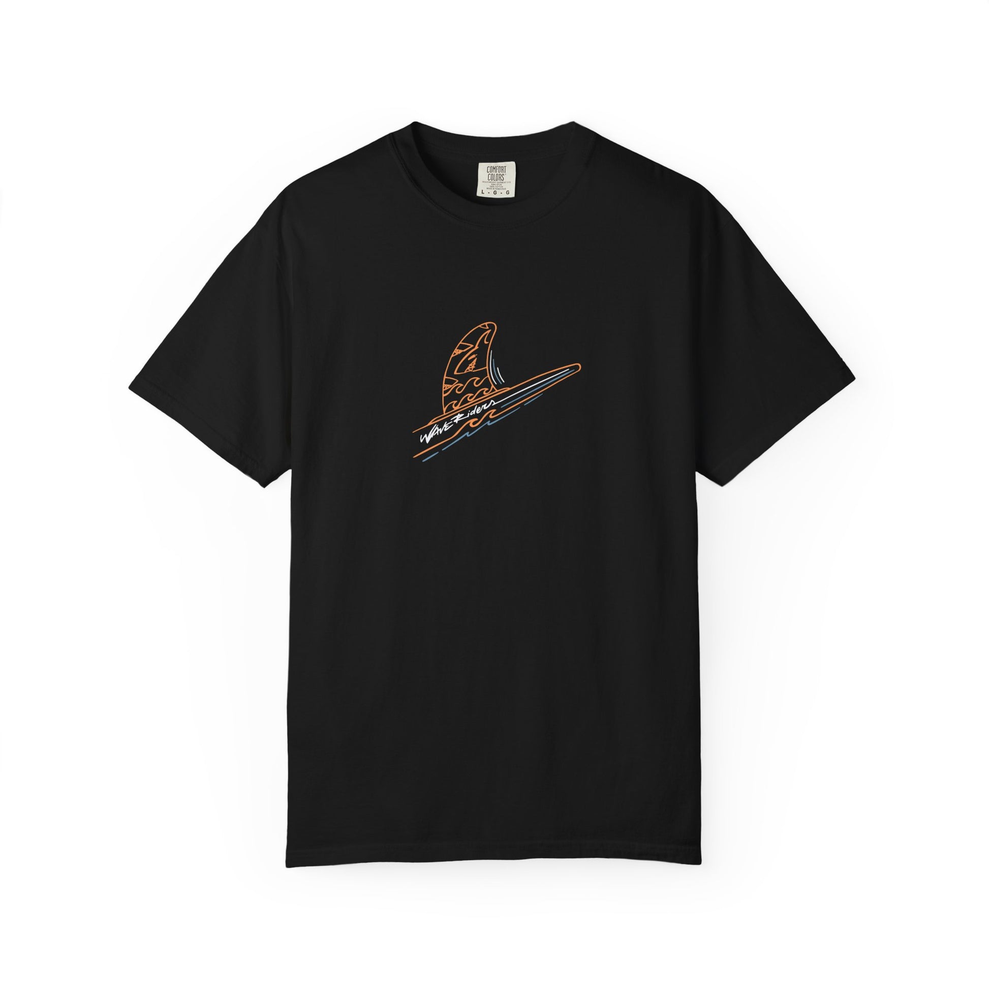 Minimalist surfboard fin and wave line graphic t-shirt on black shirt