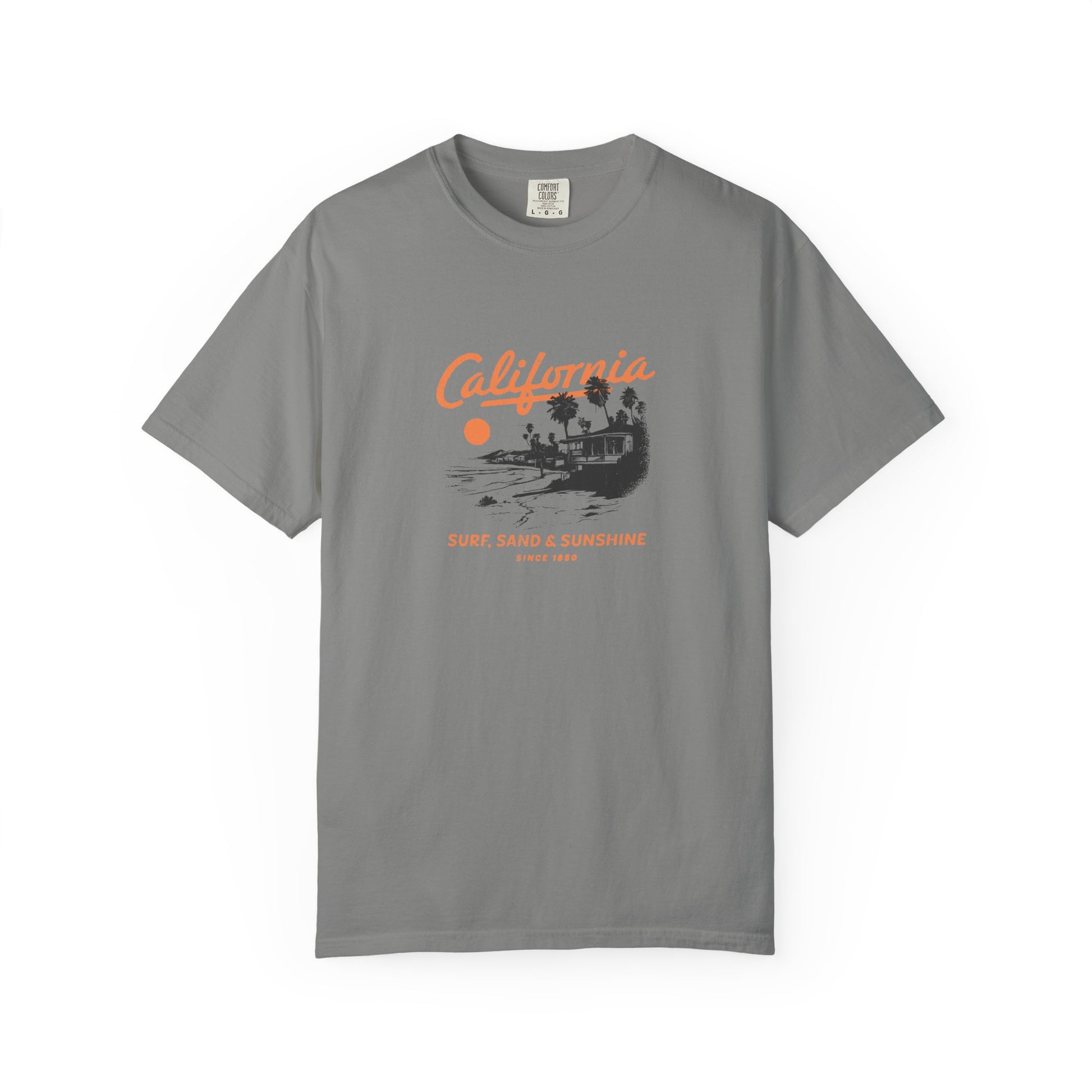 California Surfboard Graphic T-Shirt — 'California: Surf, Sand & Sunshine' Vintage Beach Tee