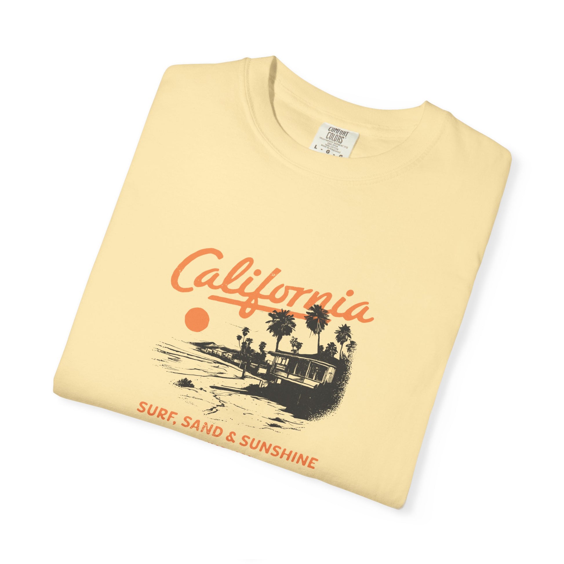 California Surfboard Graphic T-Shirt — 'California: Surf, Sand & Sunshine' Vintage Beach Tee