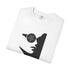 A folded white crewneck t-shirt with a black graphic print of a stylized face wearing a circular eyepatch with a pentagram symbol, shown on a plain white background.