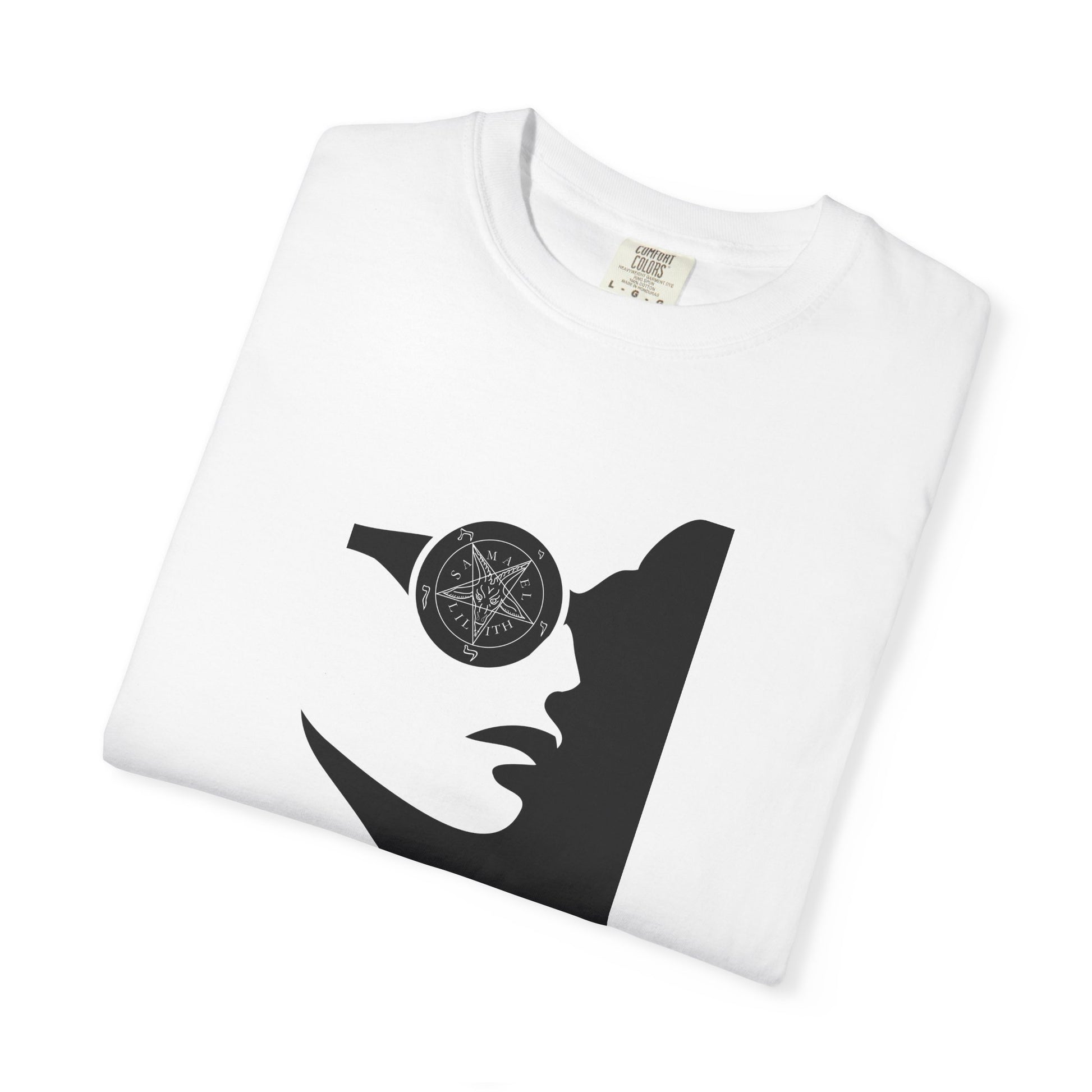A folded white crewneck t-shirt with a black graphic print of a stylized face wearing a circular eyepatch with a pentagram symbol, shown on a plain white background.