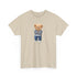 Beige t-shirt with a teddy bear graphic on a white background
