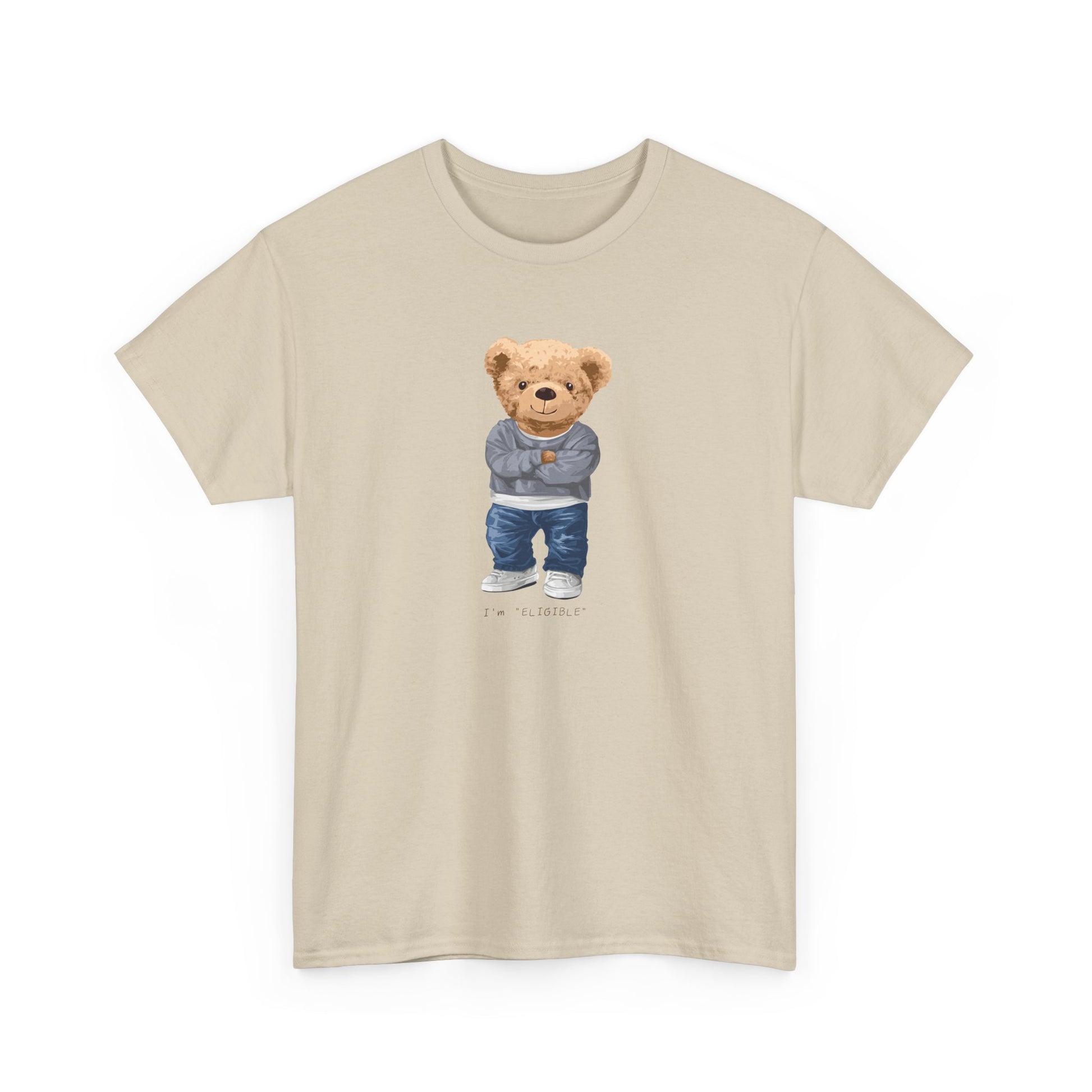 Beige t-shirt with a teddy bear graphic on a white background