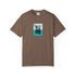Brown t-shirt with a tropical graphic on a white background