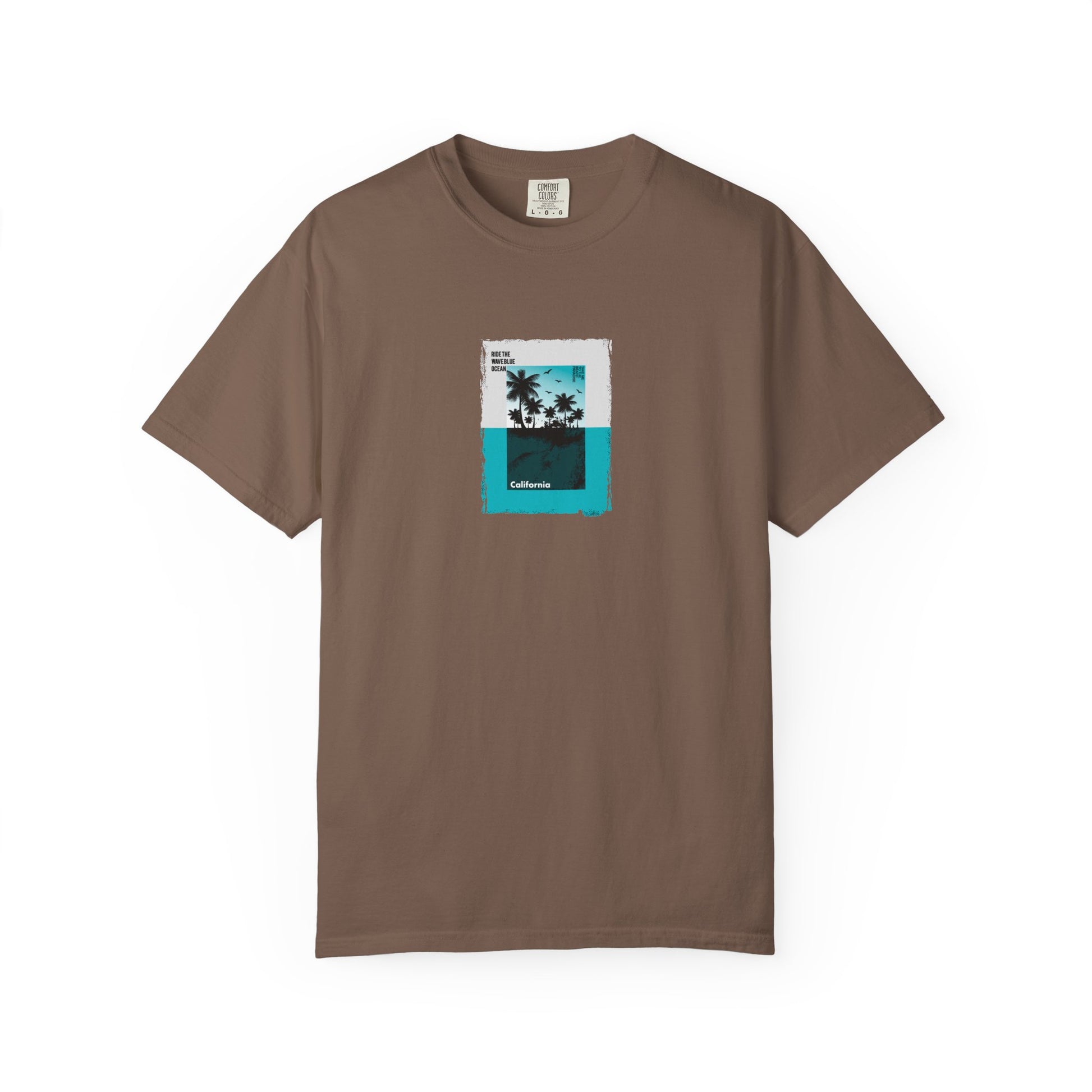 Brown t-shirt with a tropical graphic on a white background