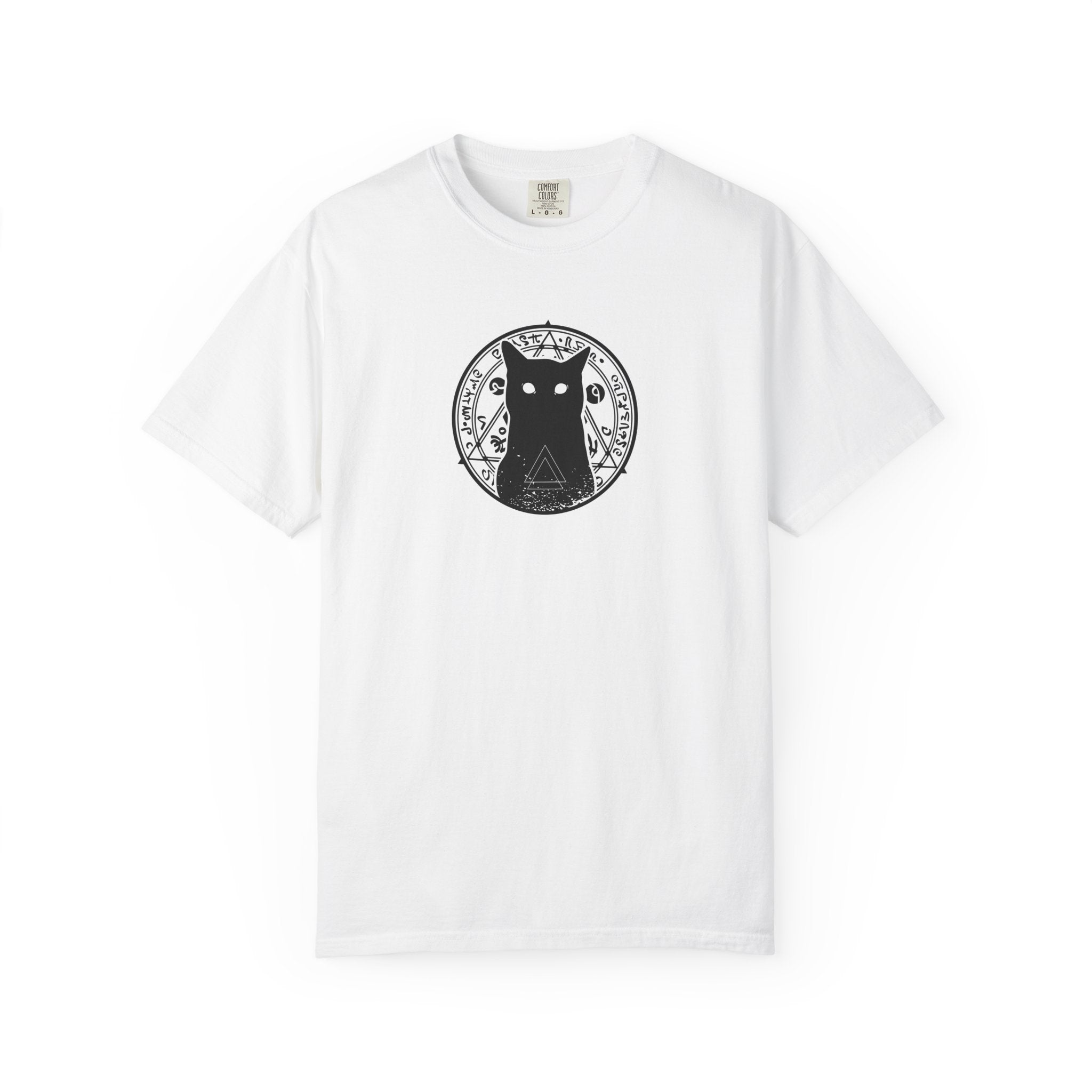 White t-shirt with black  cat graphic design