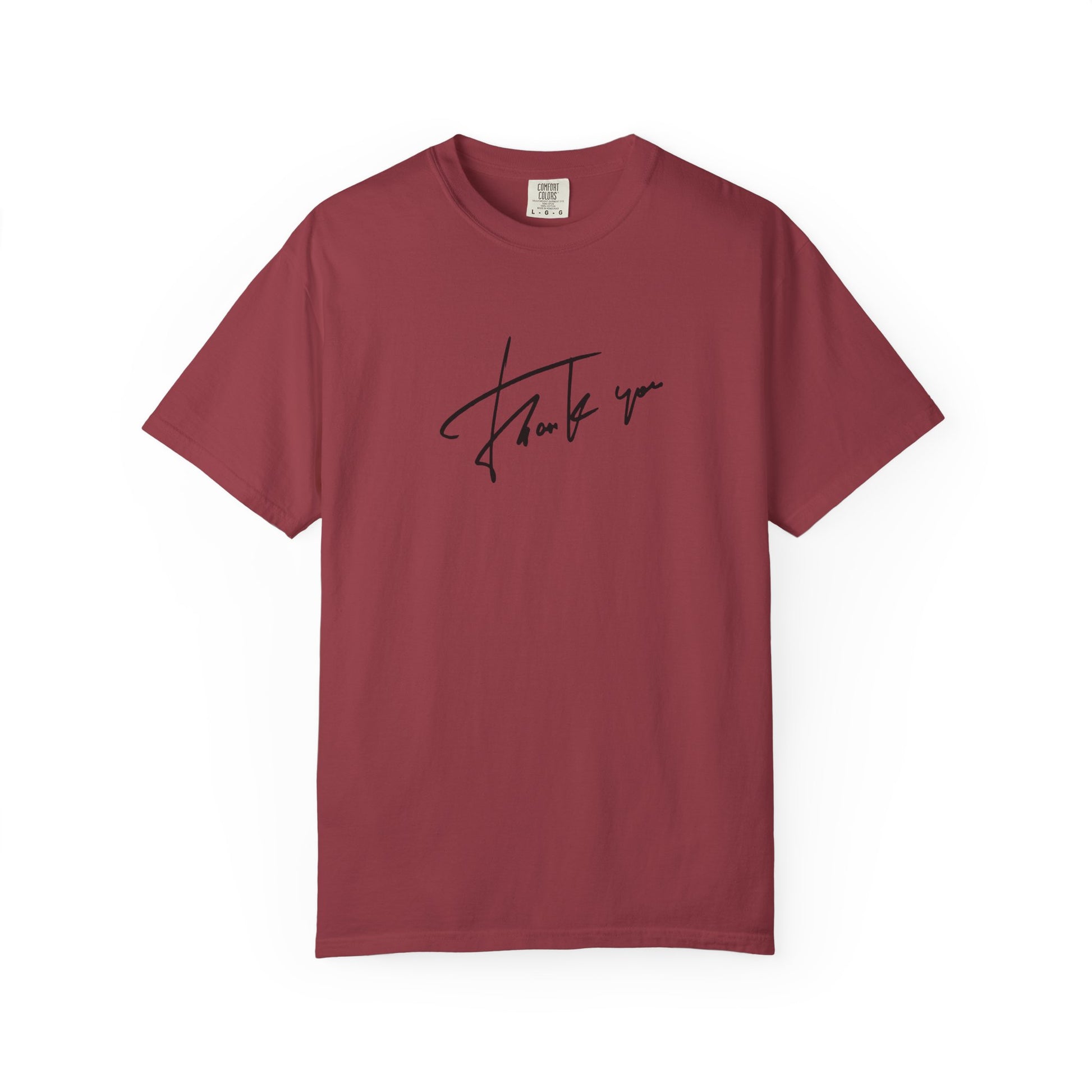 Maroon  t-shirt with a thanks graphic 