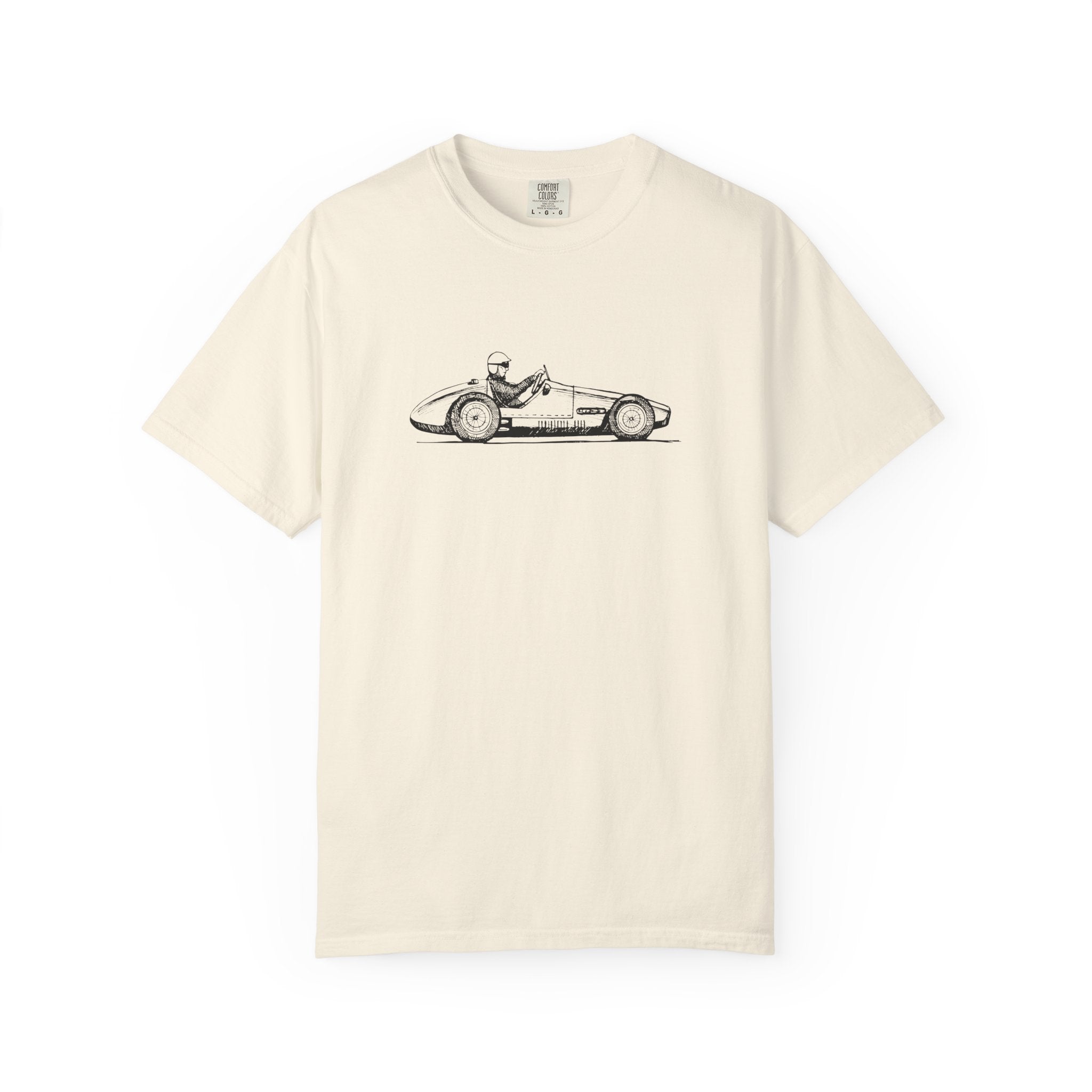 Beige t-shirt with vintage car graphic on a white background