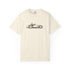 Beige t-shirt with vintage car graphic on a white background
