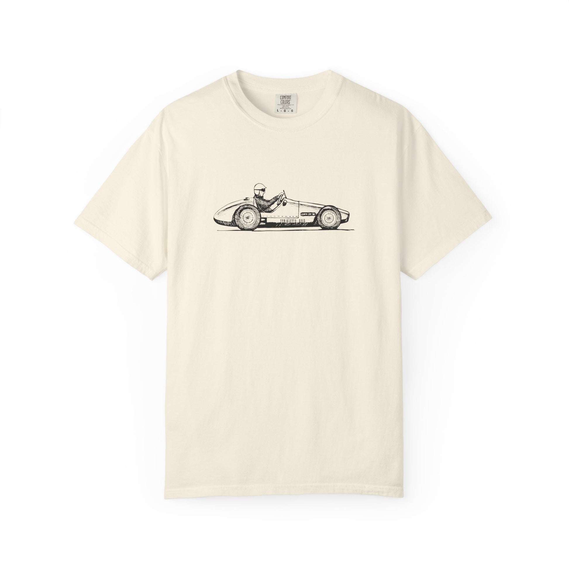 Beige t-shirt with vintage car graphic on a white background
