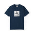 Navy blue t-shirt with graphic design on a white background