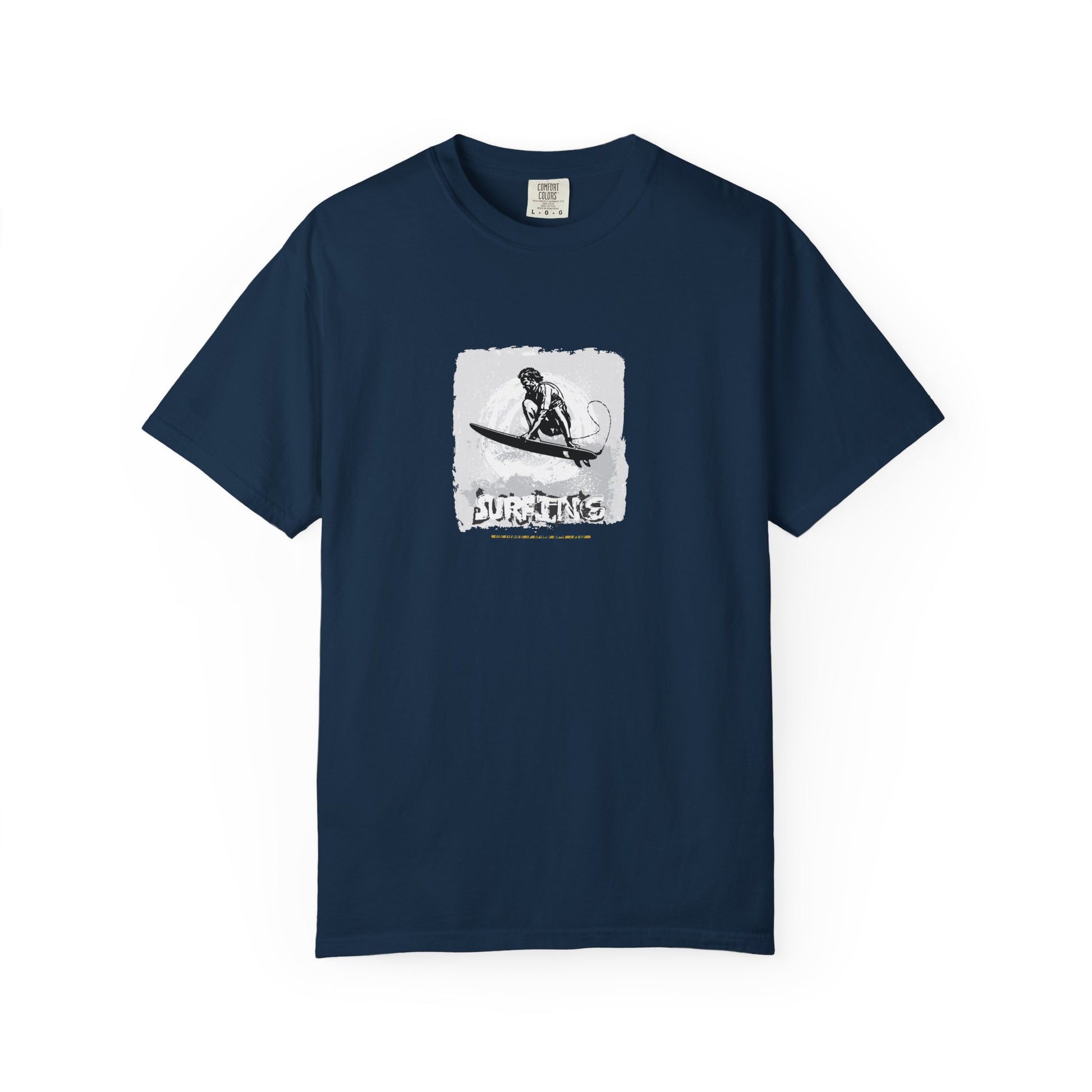 Navy blue t-shirt with graphic design on a white background