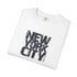 White t-shirt with 'New York City' text on a white background