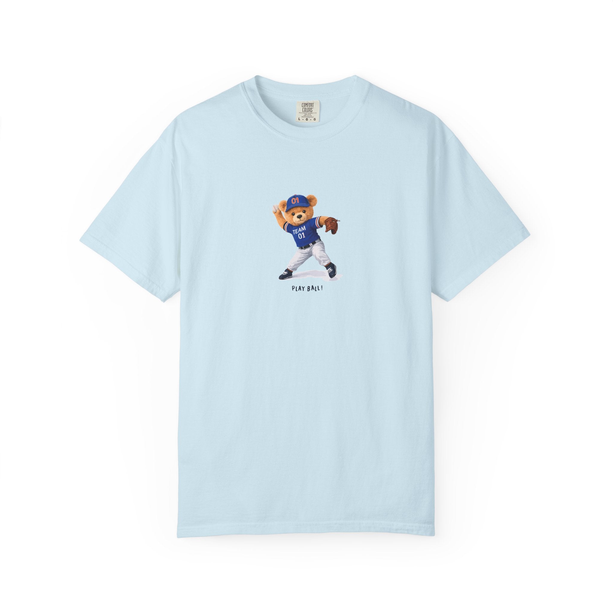 Light blue t-shirt with a bear graphic and text on a white background