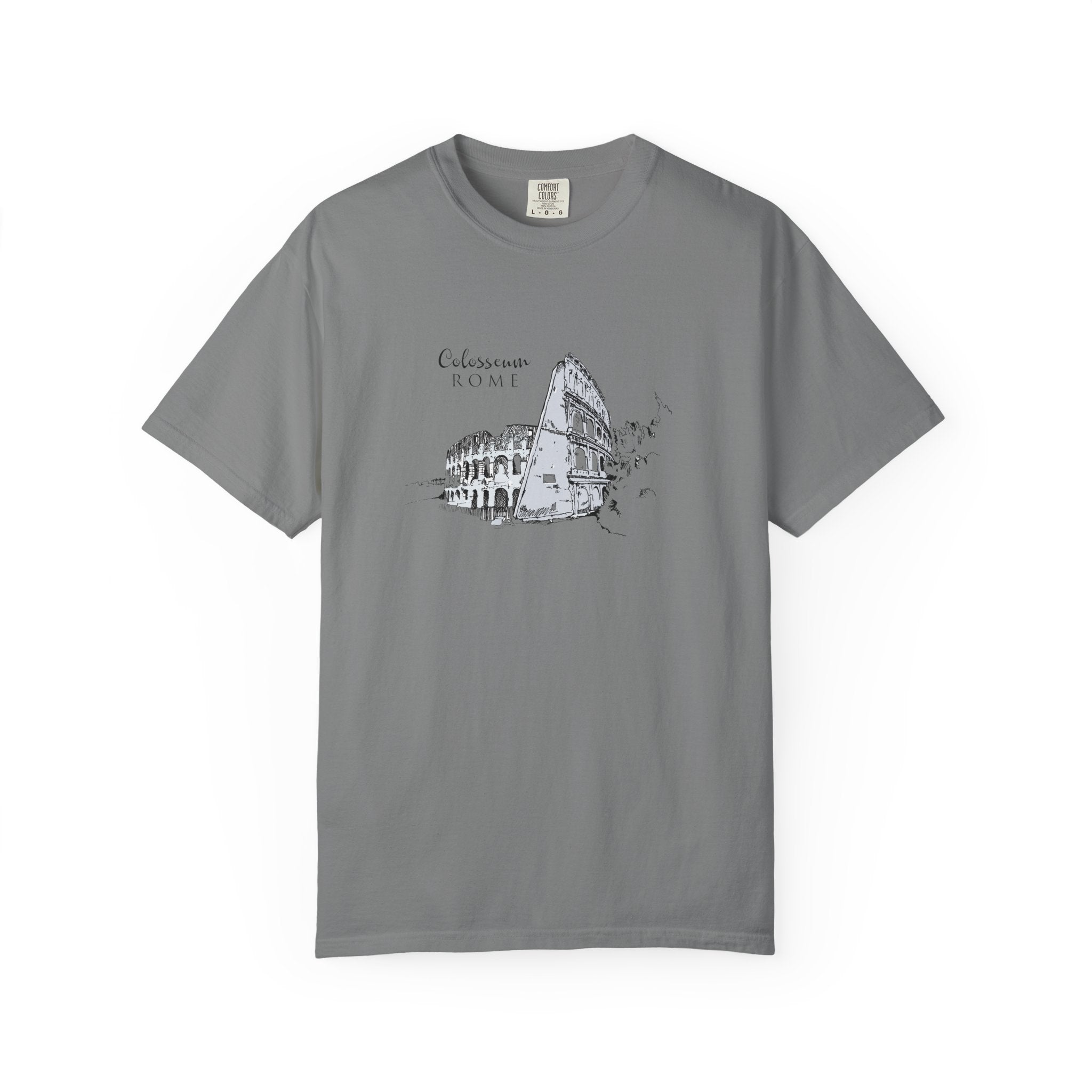 gray graphic tee featuring rome colosseum travel illustration in modern artistic style