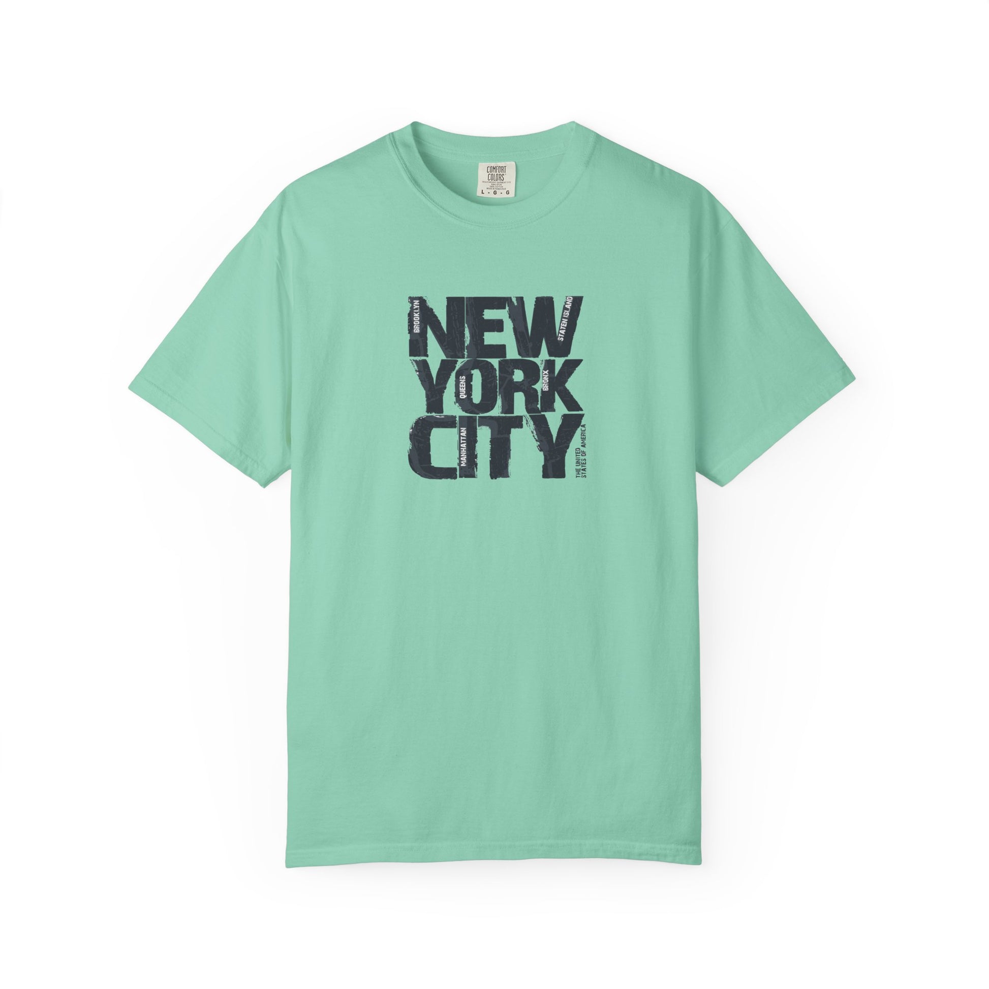 Mint green t-shirt with 'New York City' text on a white background