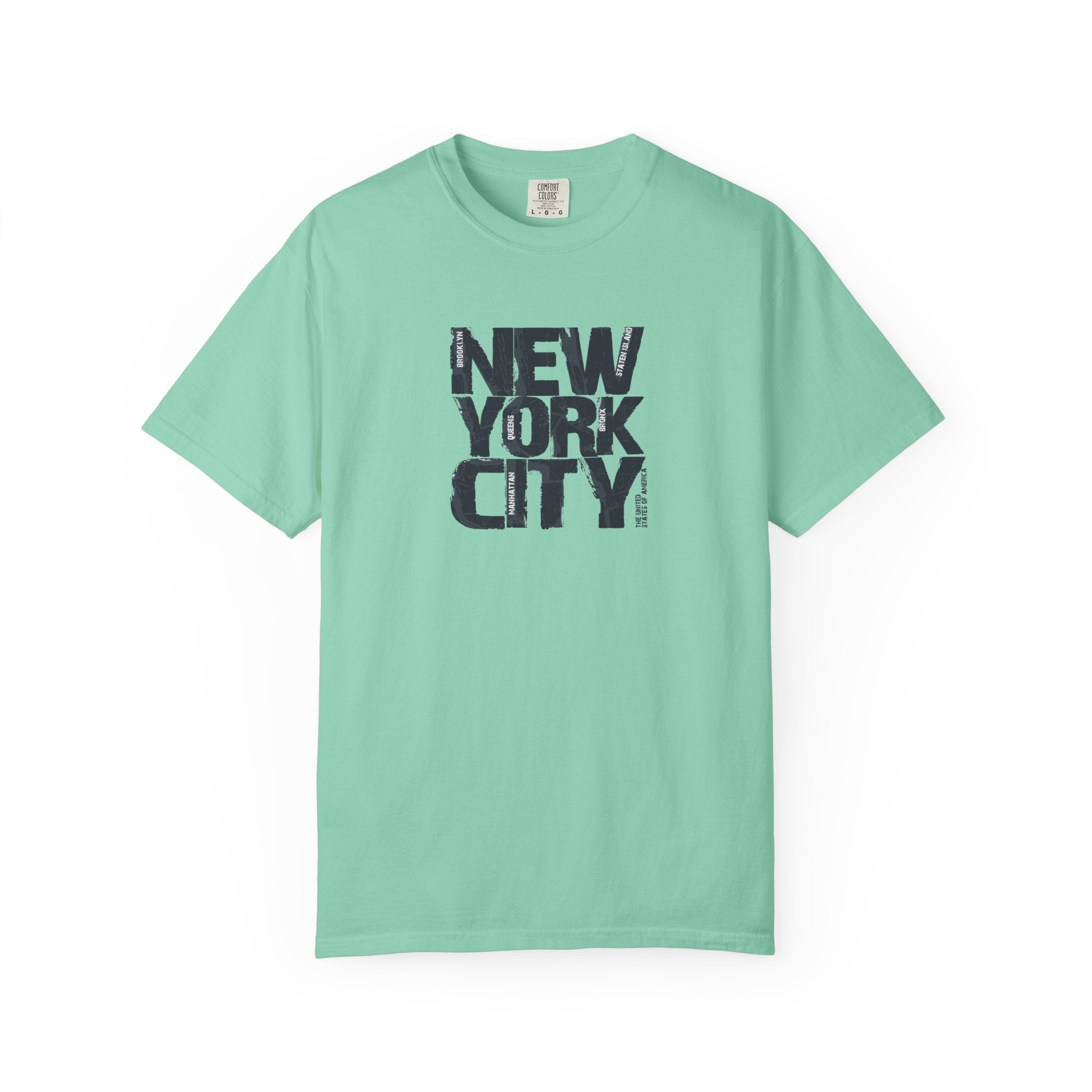 Mint green t-shirt with 'New York City' text on a white background