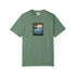 Green t-shirt with a graphic design on a white background