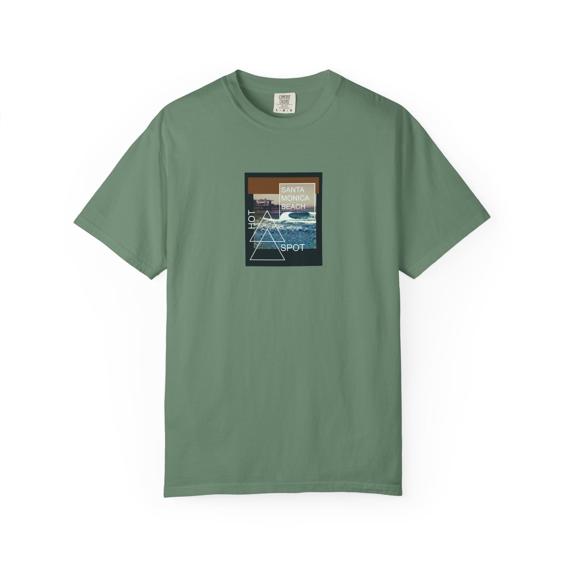 Green t-shirt with a graphic design on a white background