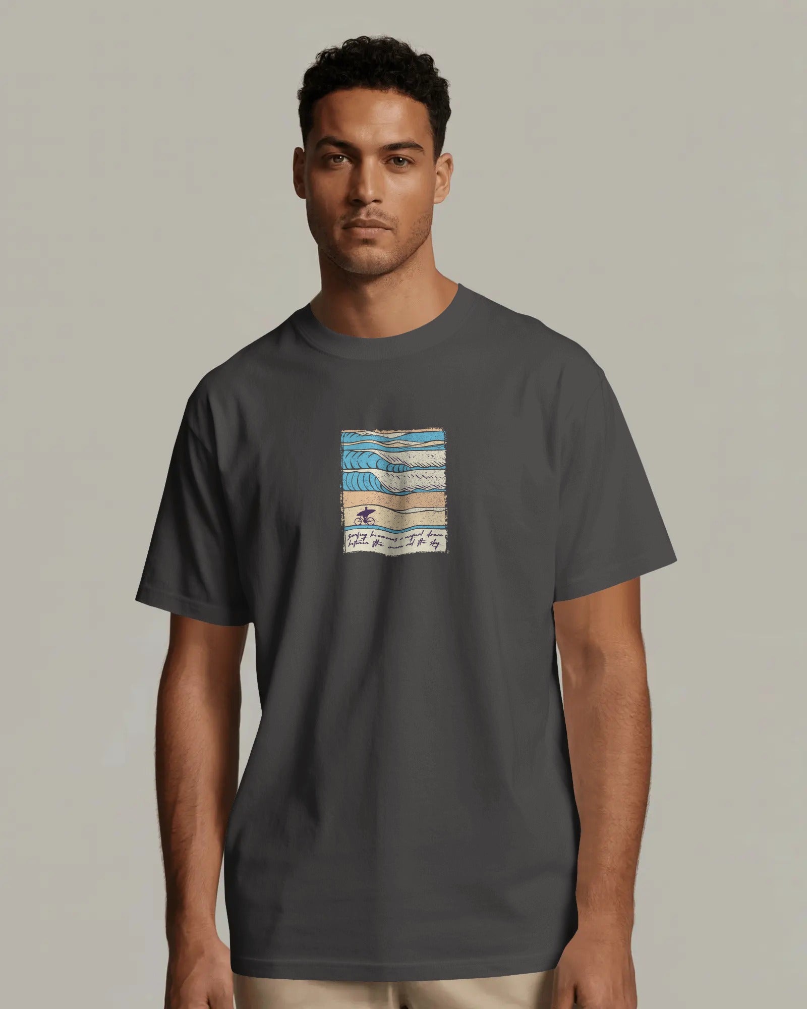 intage beach stripes surf graphic t shirt worn by male model